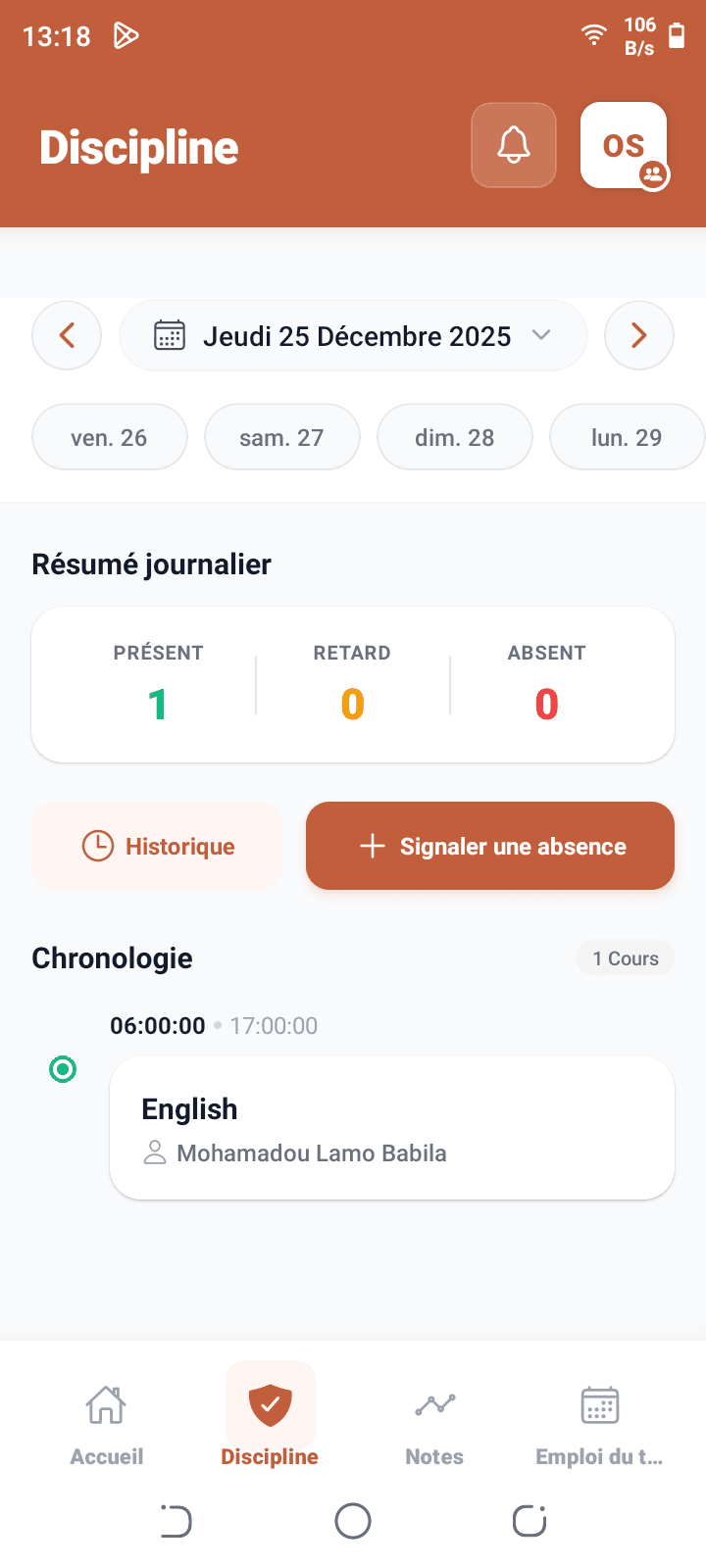 Écran Discipline — présences